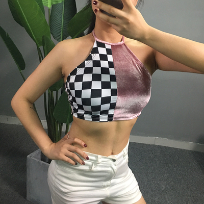 欧洲站2018夏季丝绒拼接格子挂脖吊带背心女ins超火短款内搭上衣-淘宝网