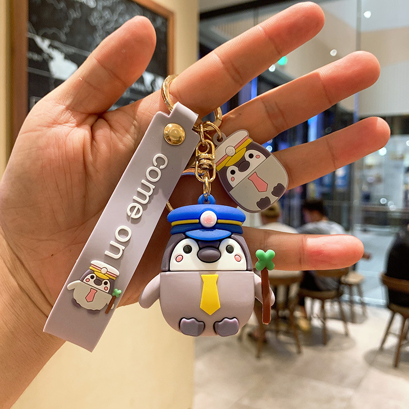 Blue Cap Sergeant Penguinpenguin Cartoon lovers Doll Key buckle Pendant automobile Key chain customized circle ring originality gift Bag Hanging decoration