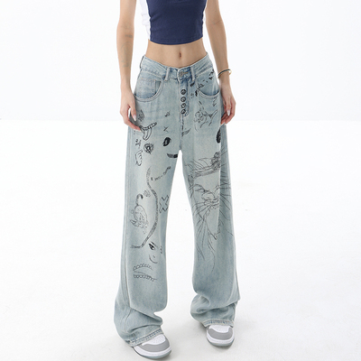 taobao agent Ken Studio Summer 2023 New Super Soft Washed Denims Female Cartoon Graffiti Design Straight Pants