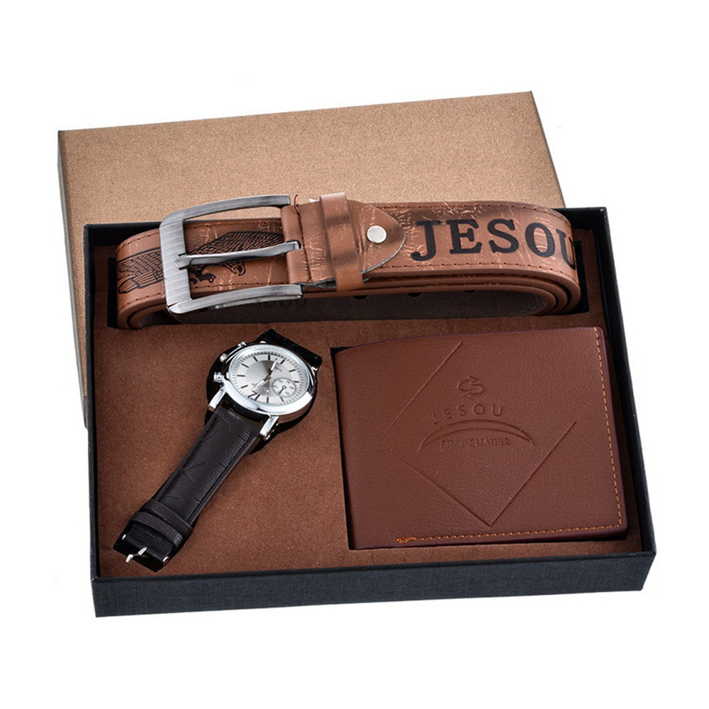 BrownGift for men Pu with Quartz Watch Gift Set