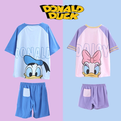 Bộ đồ ngủ Disney Mickey cotton tinh khiết mỏng phục vụ tại nhà mùa hè ngắn tay mặc giản dị mặc đồ đôi Donald Duck - Giống cái