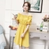 Mùa hè mới Hàn Quốc ngọt ngào từ cổ áo quây đầm nữ đèn lồng tay áo bow tie khí một từ váy mẫu đầm xòe A-Line Váy