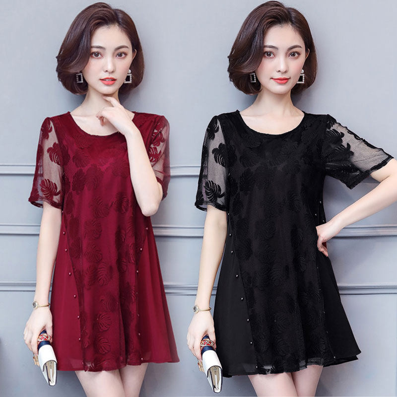 Mùa hè ngắn tay ren voan áo sơ mi chất béo mẹ áo sơ mi kích thước lớn của phụ nữ lỏng lẻo t-shirt nữ chất béo áo sơ mi dài