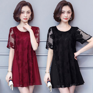 Mùa hè ngắn tay ren voan áo sơ mi chất béo mẹ áo sơ mi kích thước lớn của phụ nữ lỏng lẻo t-shirt nữ chất béo áo sơ mi dài