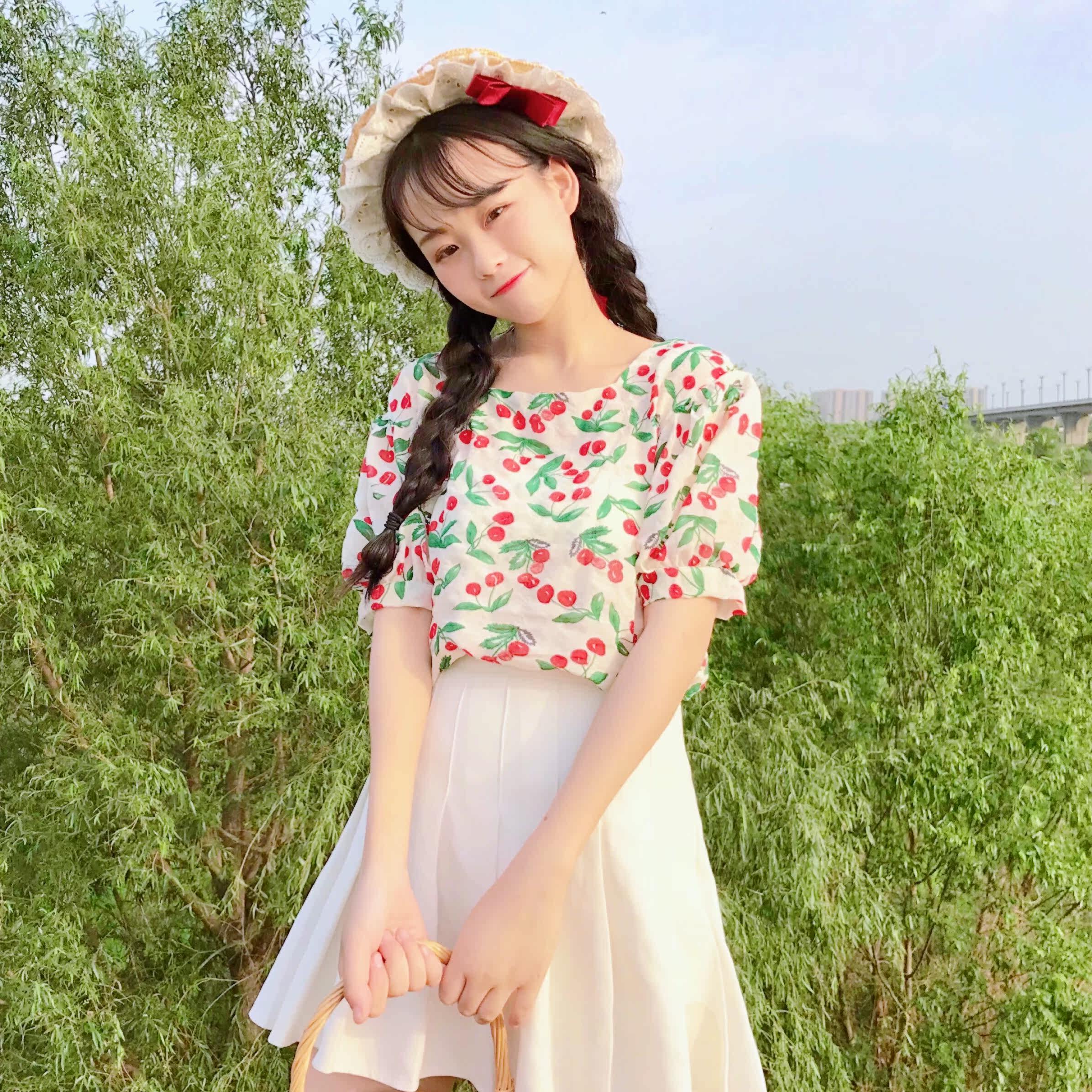 实拍实价 2018夏季新款女装韩版学生樱桃可爱小清新雪纺上衣