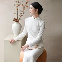 Белое демисезонное приталенное платье, трикотажное ципао, китайский стиль