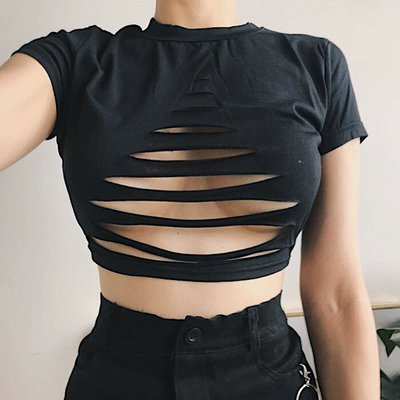 ZZ骨ZZ 性感短款露脐胸前破洞露腰打底T恤短袖上衣-淘宝网 ZZ骨ZZ 性感短款露脐胸前破洞露腰打底T恤短袖上衣-淘宝网