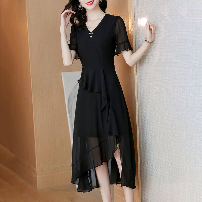 2020夏季新款阔太太妈妈装大码减龄遮肚显瘦中长款雪纺高腰连衣裙