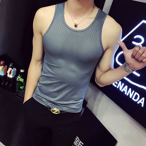 Мужской спортивный летний шелковый жилет для спортзала, трендовая футболка, облегающий крой