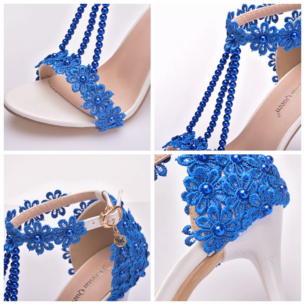 Royal Blue5 centimeter Seven colors Lace Beading Sandals Fine heel Size code Shallow mouth Word band rainbow Sandals Middle heel Women's Shoes