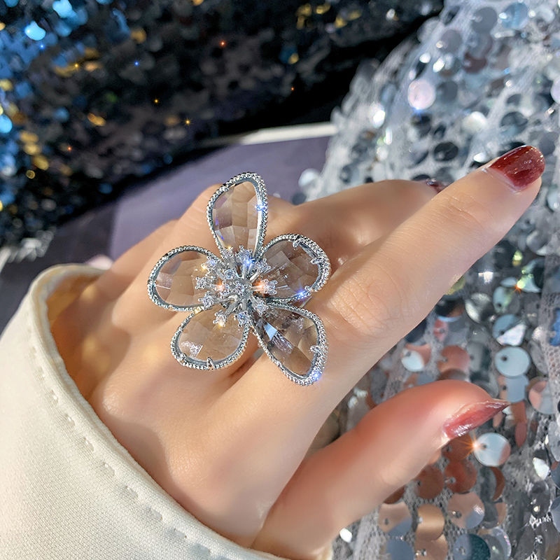 Silver Grey Crystal Flowerma'am Opening Ring female fashion personality ins tide index finger ring Cold wind solar system Light luxury Internet celebrity Prime circle Abstain