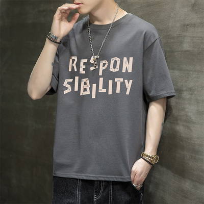 夏季新款男士纯棉短袖t恤潮流韩版日系字母宽松帅气ins圆领半袖男