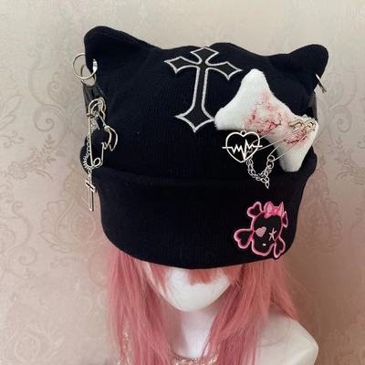 taobao agent Y2K girl sub -culture Gothic cat ear hat cross shelf skull cute knit black wool hat