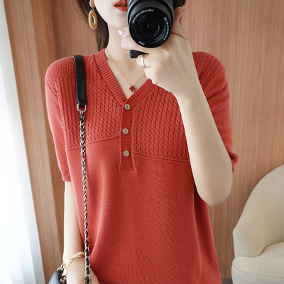 taobao agent Knitted summer cotton top, T-shirt, cotton and linen, with short sleeve, V-neckline, season 2021, plus size