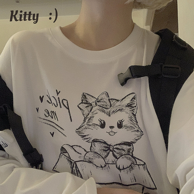 taobao agent Retro girl cute and ancient cat pure cotton versatile base white loose long -sleeved T -shirt u