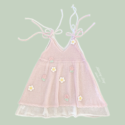 taobao agent Pulling the gauze handmade spring day little flowers light fluttering wearing strap knitted camisole dress K