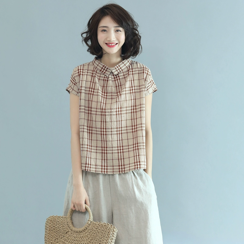 Yuanyuan Meiyi Cotton Linen Hàng đầu của Phụ nữ Văn học Mùa hè Retro Kẻ sọc Kẻ sọc Áo sơ mi ngắn tay ngắn Wild Loose Shirt - Áo sơ mi