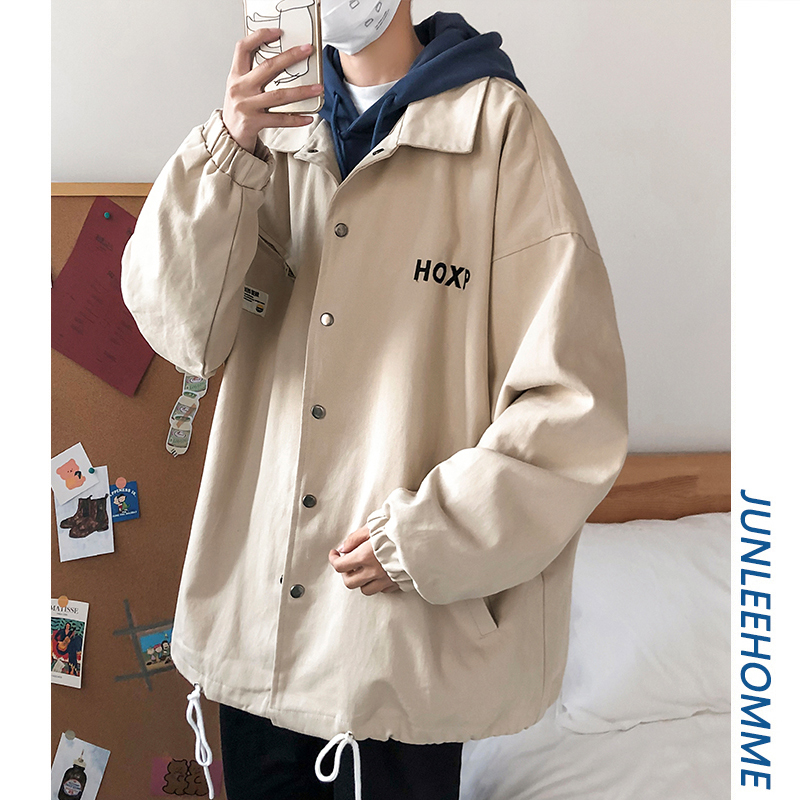 Autumn Lapel coat male student Hong Kong Style Korean youth coat trend loose and handsome work clothes jacket embroidered words