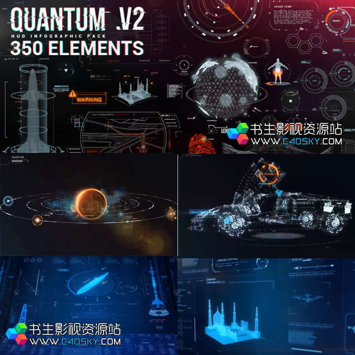 AE模板+脚本-高科技军事信息化动态元素包 Quantum HUD Infographic V2(更新)