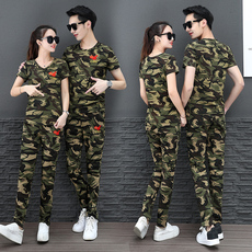 Куртки, костюмы для военного обучения 户外夏季新款迷彩服情侣套装男女纯棉弹力大码薄款短袖军装两件套