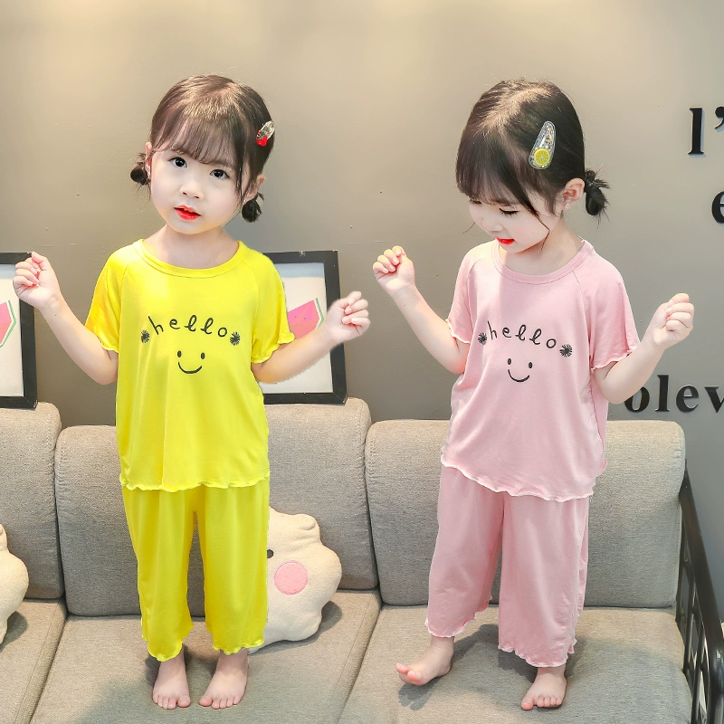 Bộ đồ ngủ cho bé gái cotton mỏng ngắn tay modal phục vụ tại nhà phù hợp với trẻ sơ sinh, trẻ em, bé gái, điều hòa nhiệt độ phù hợp với mùa hè - Nam giới