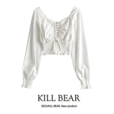 taobao agent Retro top, short belt, French retro style, square neckline, puff sleeves