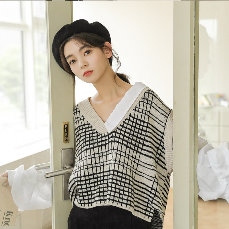 实拍2018秋装假两件格子拼接灯笼衬衣袖v领针织衫毛衣女 1123