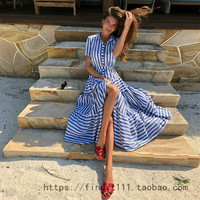 Ready-made stand-up collar striped slim skirt with wide hem, new European and American clothing short-sleeved holiday dress, shirt dress and long skirt