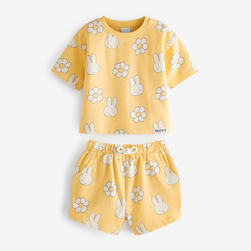 2023 Summer New Two Piece Set for Girls with Miffy Pattern Pure Cotton Short sleeved Shorts and 2-piece Set for Girls (1627207:82962889:Color classification:Yellow Miffy;122216343:50792021:Reference height:120cm size label 5T)