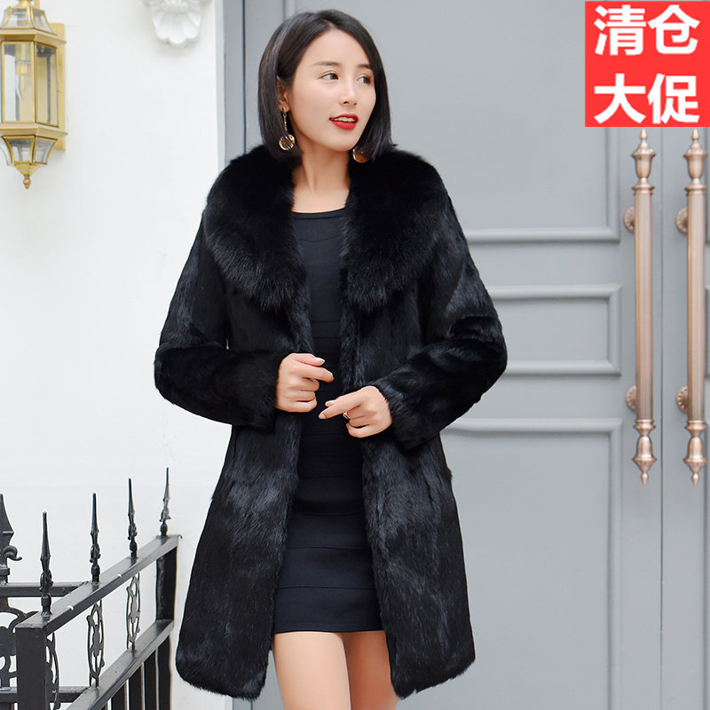 Off- mùa giải phóng mặt bằng fox lông cổ áo toàn bộ da lông thỏ áo khoác nữ phần dài lông một giảm béo kích thước lớn áo