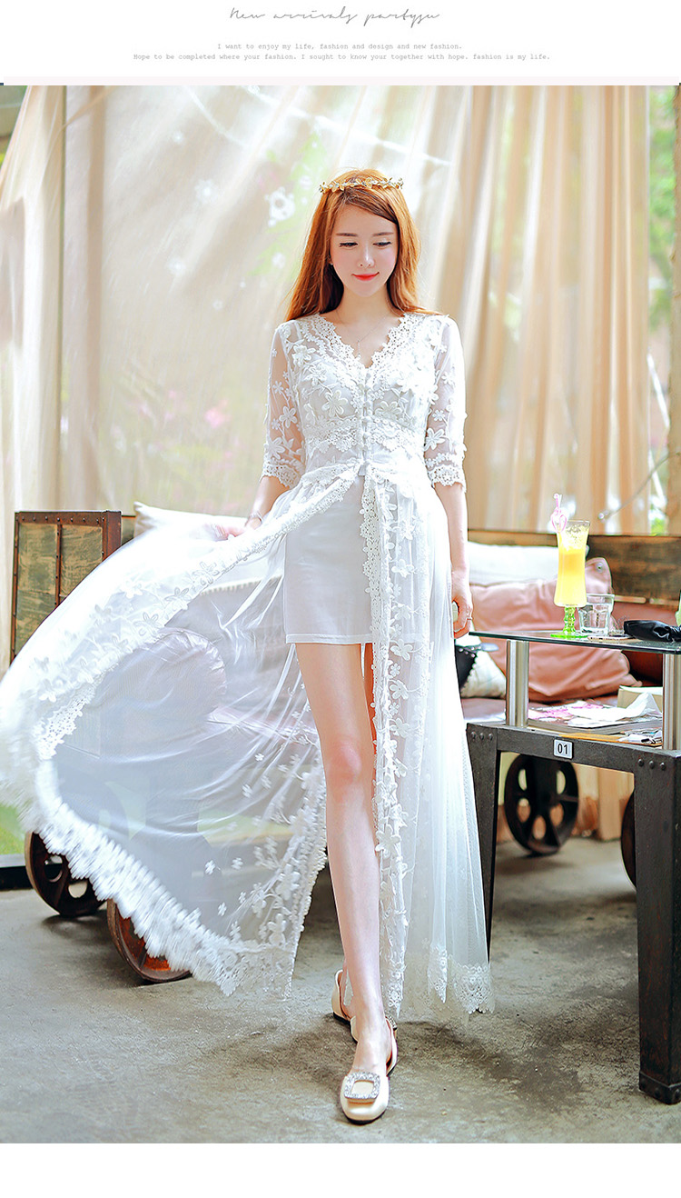 2560#款女神开叉立体绣花白色唯美蕾丝网纱连衣裙女长裙两件套