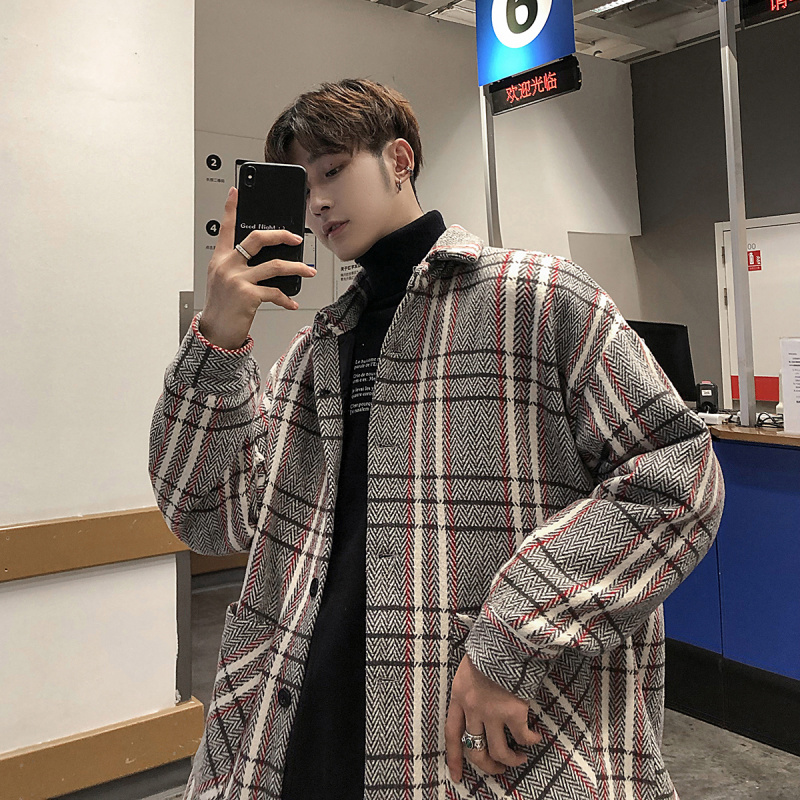 Plaid fur coat men's autumn winter Korean loose fashion Nizi windbreaker 2020 new medium length woolen coat