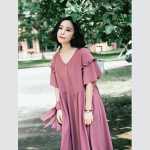 Suji Ange thiết kế ban đầu thanh lịch váy dài văn học retro V-Cổ ren đầm voan mùa hè phong cách mới
