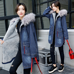 Chống mùa bông độn phần Hàn Quốc phiên bản của sự tương phản lỏng màu sọc denim jacket nữ phần dài du lịch denim bông quần áo triều