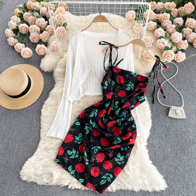 Whitechic Port style Retro printing Dress female summer new pattern Sunscreen Long sleeve knitting Cardigan loose coat Two suit
