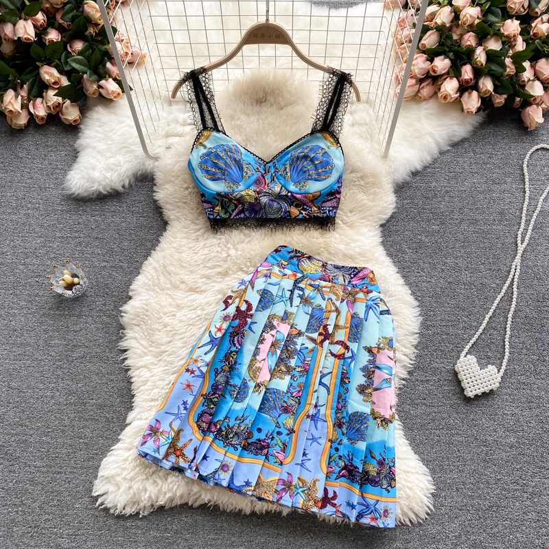 BlueEurope and America ins Holiday style suit female summer wear have cash less than that is registered in the accounts camisole vest Sense of design printing skirt Two piece set tide