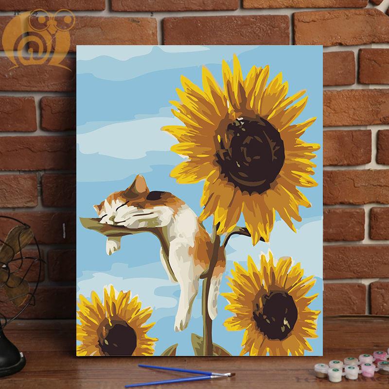 A023 - Cat SunflowerDigital oil painting diy fill Oil painting customized comic scenery character Color painting manual  Decorative painting
