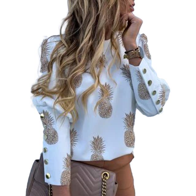 Pineapple&PrintingPudcocoOfficeLadiesWomenBlousesWorkWearLongSleeveBa