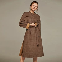 Mùa thu và mùa đông phụ nữ mới 100% áo khoác len, thắt lưng với áo khoác cashmere hai mặt houndstooth - Áo len lót đôi áo khoác dài hàn quốc