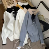 Лонгслив, трикотажный осенний свитер, воротник поло, свободный прямой крой, в корейском стиле