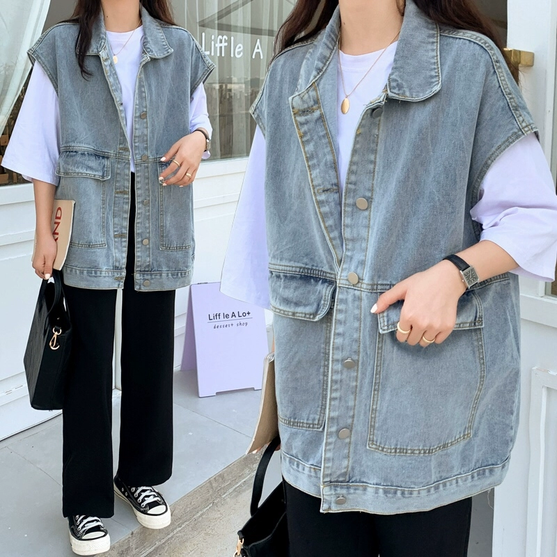 Kích thước lớn của phụ nữ béo mm Phiên bản Hàn Quốc của áo vest denim lỏng mùa hè Chị béo mới hoang dã là áo mỏng học sinh - Áo vest
