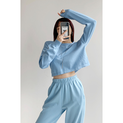 taobao agent Colored sweatshirt, short knitted autumn sweater for navel piercing, jacket, simple and elegant design, long sleeve, can be worn over clothes, round collar