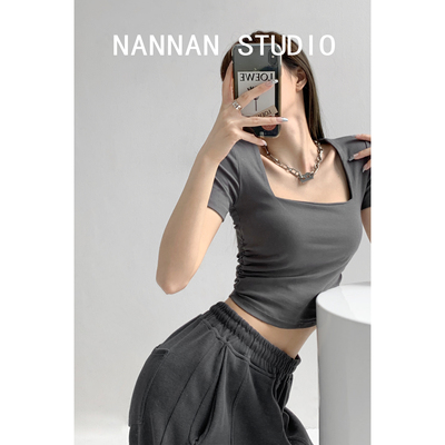 taobao agent Retro autumn bra top, solid short mini-skirt, brace, short sleeve T-shirt, square neckline