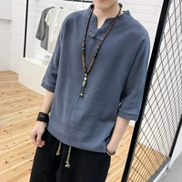 Phong cách trung quốc Tang phù hợp với Hanfu retro linen t-shirt nam mùa hè Trung Quốc cotton ngắn tay thanh niên nằm trang phục dân tộc quần kaki nam