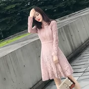 2018 mùa thu mới Hàn Quốc phiên bản của thắt lưng là mỏng nhỏ hương thơm nữ tính khí vòng cổ ren dài tay áo Một từ ăn mặc