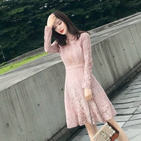 2018 mùa thu mới Hàn Quốc phiên bản của thắt lưng là mỏng nhỏ hương thơm nữ tính khí vòng cổ ren dài tay áo Một từ ăn mặc váy chữ a đẹp