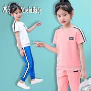 Mu Xinbei Trẻ em mặc mùa xuân và mùa hè Cô gái tay ngắn Quần thể thao Bộ đồ thể thao cho bé gái - Khác