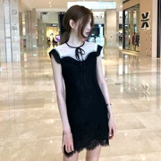 Đầm Âu 2019 hè mới đầm thời trang Hàn Quốc khâu ren không tay Slim một chữ nhỏ váy đen - Váy eo cao