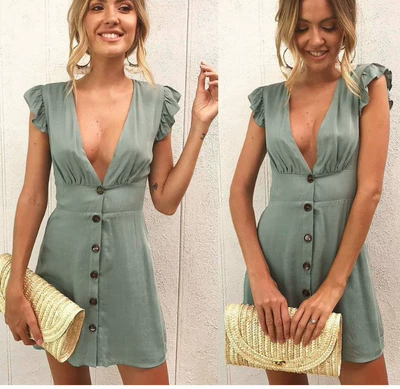 三色欧洲站速卖通ebay亚马逊爆款性感纽扣短袖收腰连衣裙-淘宝网