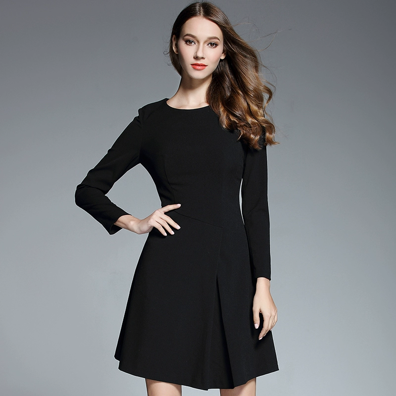 Phong cách Hepburn váy nhỏ màu đen năm 2021 mùa thu mới của phụ nữ dài tay mỏng mảnh mai cổ tròn váy chữ A khí chất váy - A-Line Váy